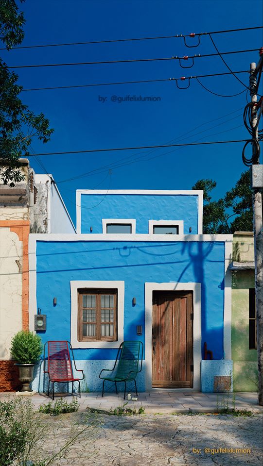 Blue house with wall details